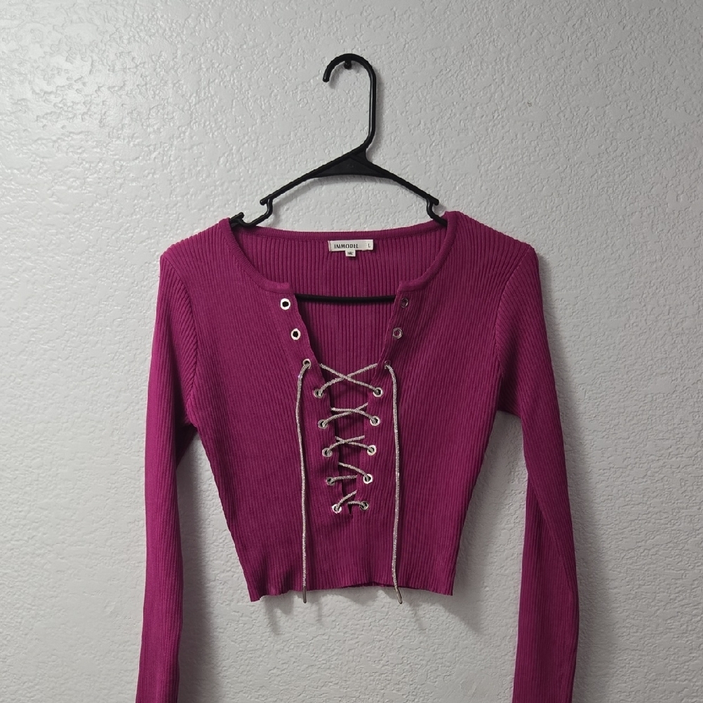 Forever 21 Fuchsia Lace-Up Ribbed Crop Top